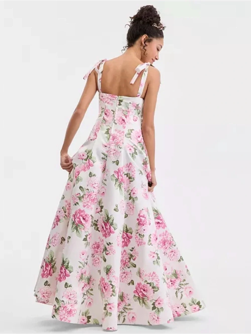 B Darlin White Maxi Dress with Pink Rose Print and Tie Shoulders - Picture 3 of 3